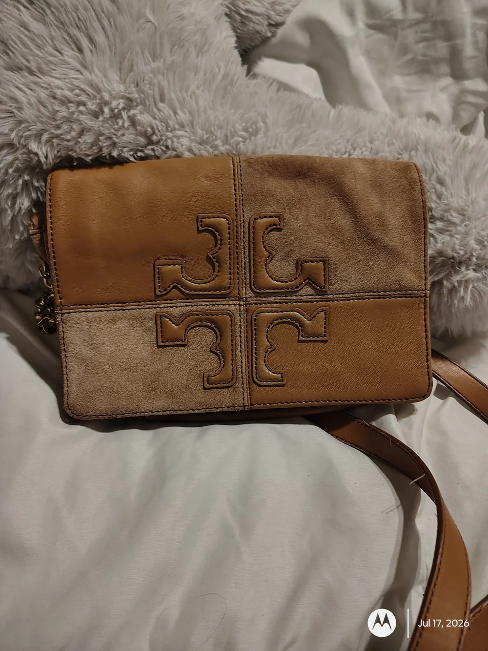 Tory Burch Two-Tone Tan Leather Suede Logo Crossbody